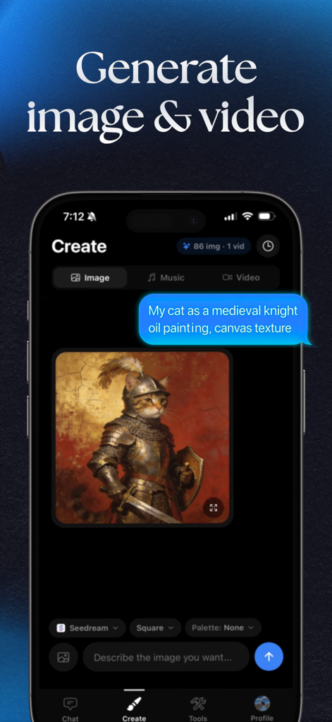 NinjaChat AI - Interfaz del generador de imágenes de IA en la aplicación NinjaChat con un gato como caballero medieval
