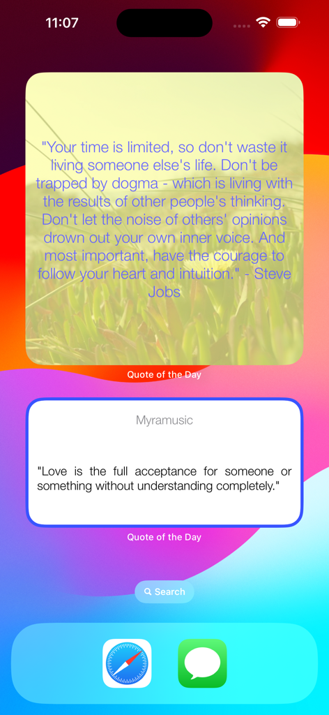 Quote of the Day Widget - Uma tela inicial de iPhone apresentando dois widgets de Citação do Dia com citações motivacionais e designs personalizados.