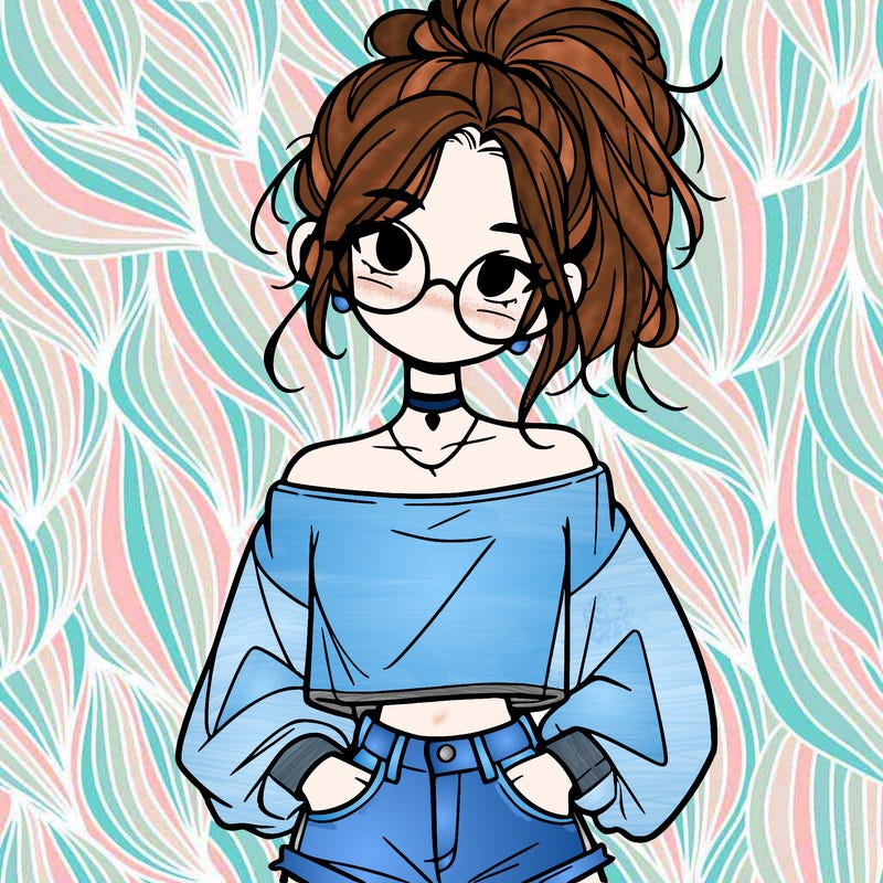 girl with a messy ponytail glasses a baggy crop top and jean shorts