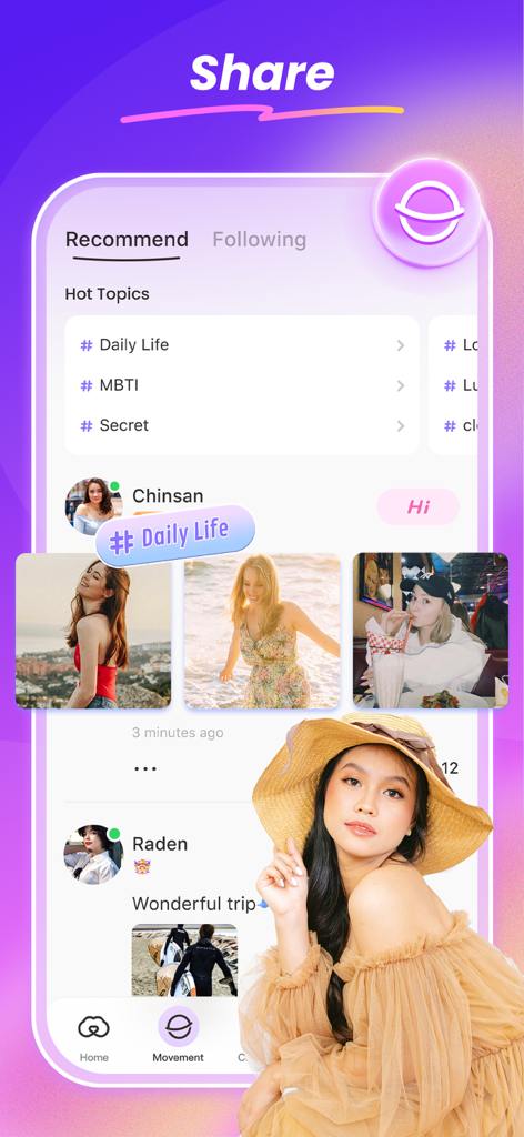 SUGO-Online Chat Party - SUGO app screen showcasing user shared moments and popular chat topics.