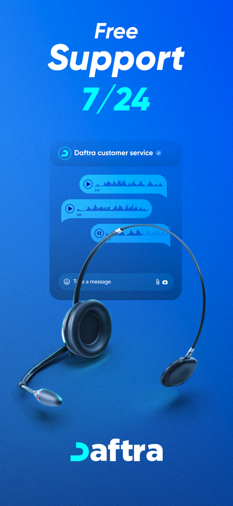 دفترة - برنامج المحاسبة - Promotion of Daftra free customer support available 24 hours a day 7 days a week with a headset and chat interface