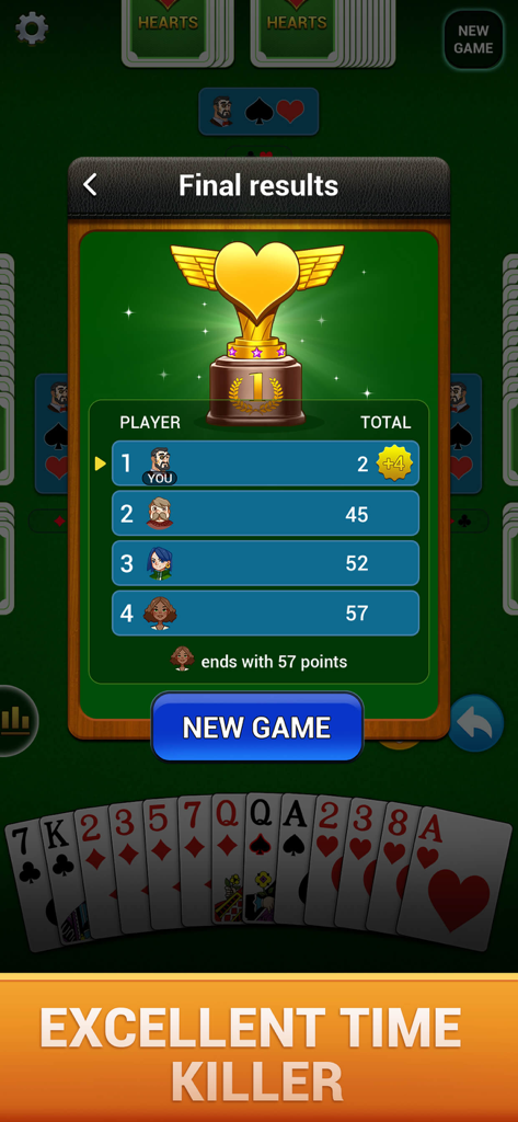 Hearts : Deluxe Card Game - Hearts Deluxe card game final results screen with a heart trophy and scores