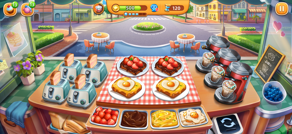 A colorful kitchen scene in Cooking City showing toasters coffee machines and toast topped with strawberries and heart-shaped eggs