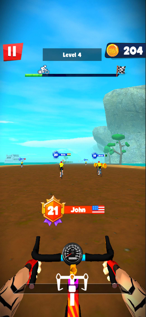 BMX Bike Games: Cycle Games 3D - Vue à la première personne d'une course de vélo sur une piste de terre près de l'océan