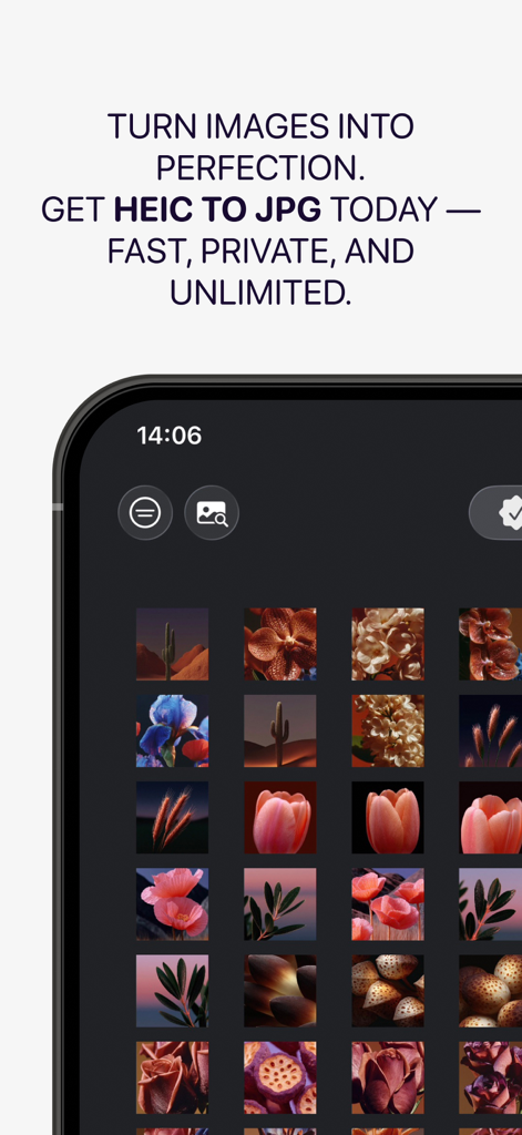 Mobile app interface for converting HEIC images to JPG featuring a photo gallery grid