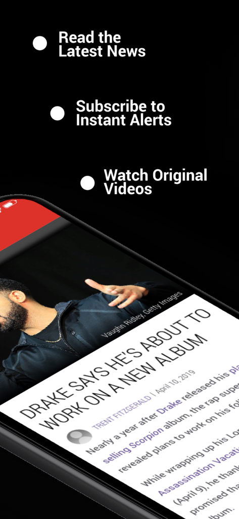 Interfaz de la aplicación móvil de XXL Mag que muestra un artículo de noticias sobre Drake y destacados para alertas de noticias y videos.