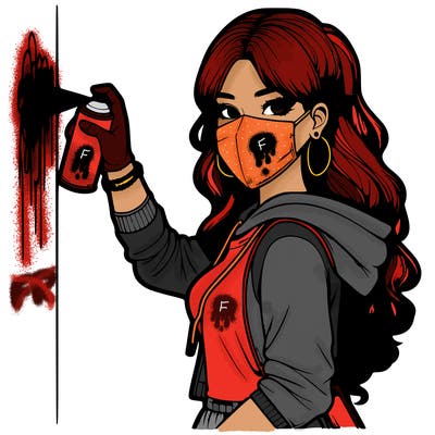 realistic girl with mask spray painting a wall