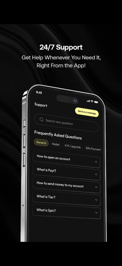 PayIT app interface showing 24/7 support with frequently asked questions and a direct messaging option.