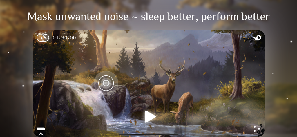 Flowing 2 app interface showing a peaceful nature scene with deer and a waterfall for sleep and focus