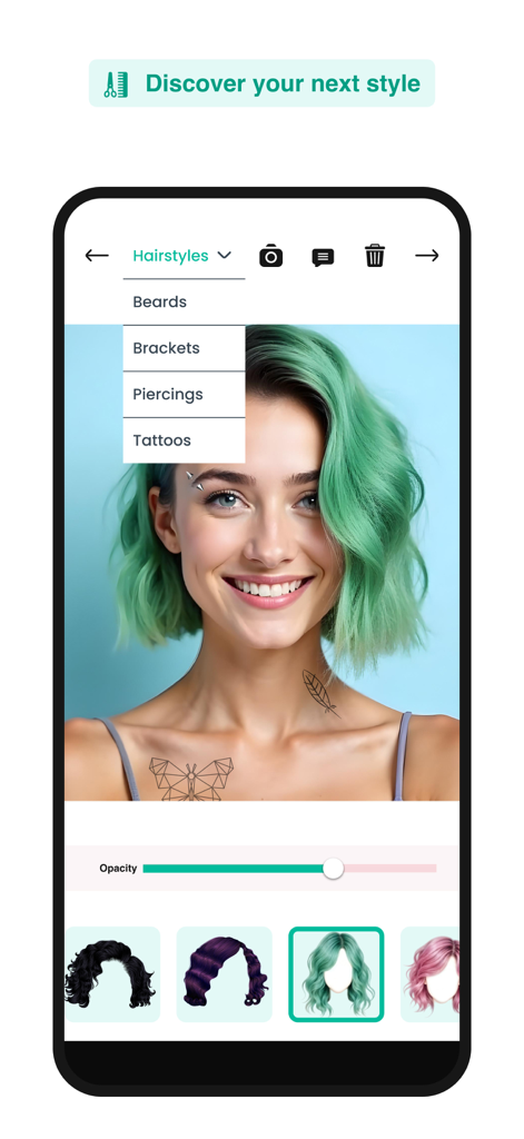 Makeover photo hairstyles app - 女性がバーチャルな緑色の髪とタトゥーを試している様子を表示している、ヘアスタイル変身アプリのインターフェース。