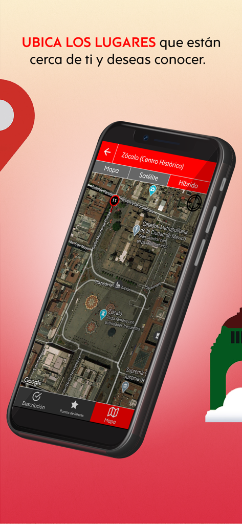 Turibus - Turibus mobile app displaying a hybrid map of the Zocalo in Mexico City