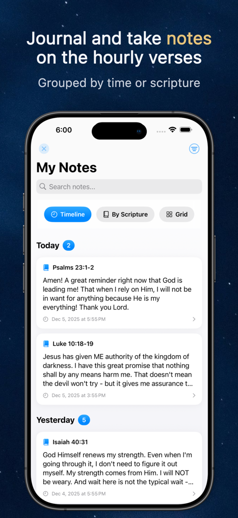 Bible Hour: Daily Verse Alerts - A screenshot of the Bible Hour app showing the journal and notes interface with reflections on daily Bible verses