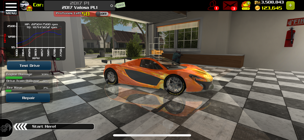 Garage view of an orange supercar in EV3 Multiplayer Drag Racing showing engine performance graphs and maintenance levels