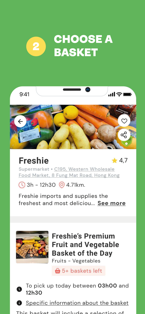 Interface of the Phenix app displaying a selection of surplus fruit and vegetable baskets from a supermarket to fight food waste.