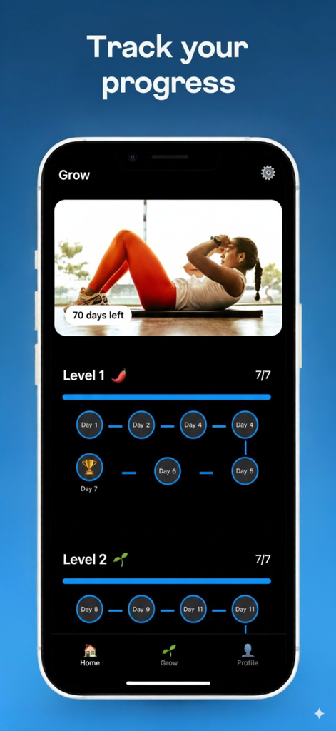 Dih App - Maximize Yourself - Dih App progress tracking screen displaying fitness levels and a daily milestone roadmap
