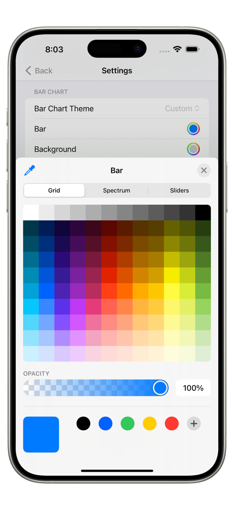 Customizing bar chart colors in the Forex Strength Meter app using a grid color picker