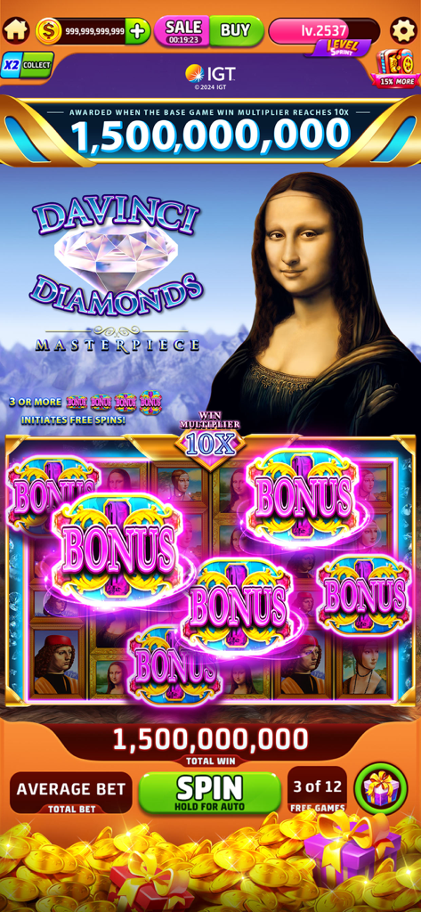Juego móvil Jackpot Crush que muestra la máquina tragaperras Da Vinci Diamonds con una gran ganancia de bote de más de mil millones de monedas