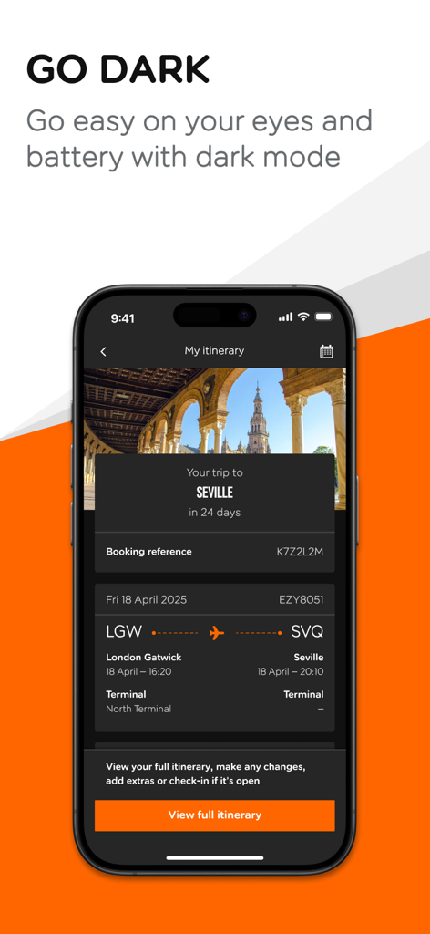 easyJet旅行アプリのインターフェース。ダークモードでフライト旅程が表示されています。