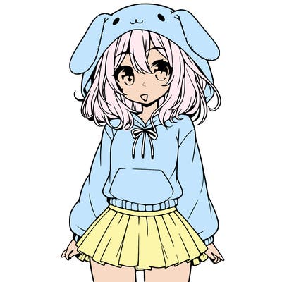 pretty anime girl wearing a fluffy hoodie with bunny ears on the hood and a skirt