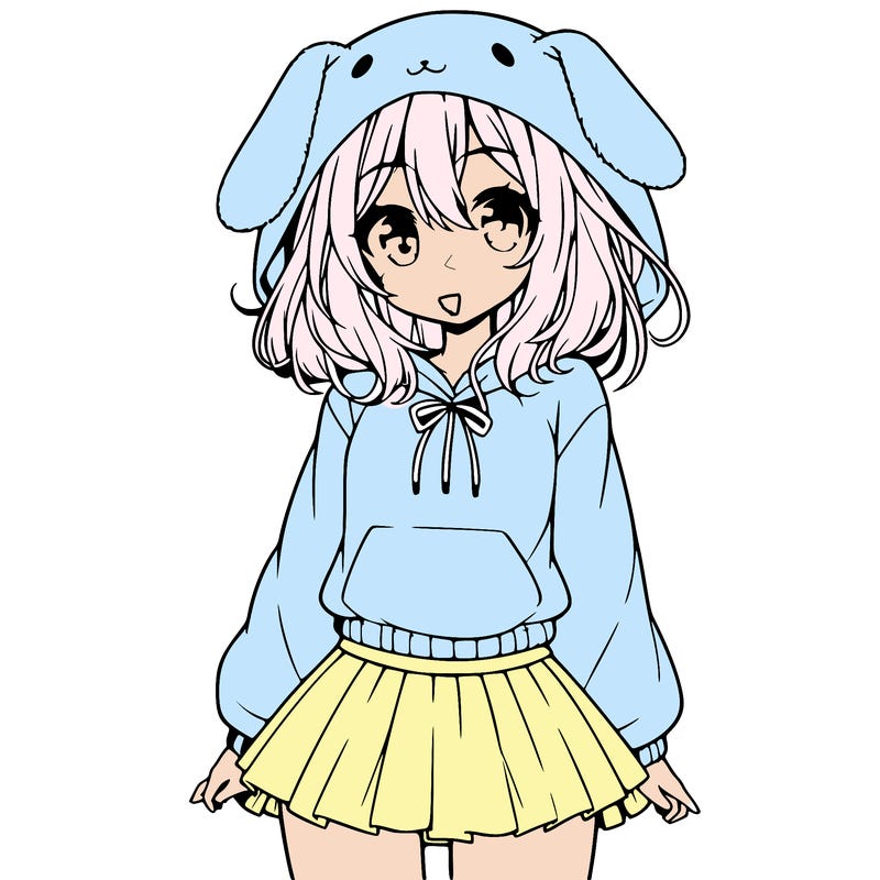 pretty anime girl wearing a fluffy hoodie with bunny ears on the hood and a skirt
