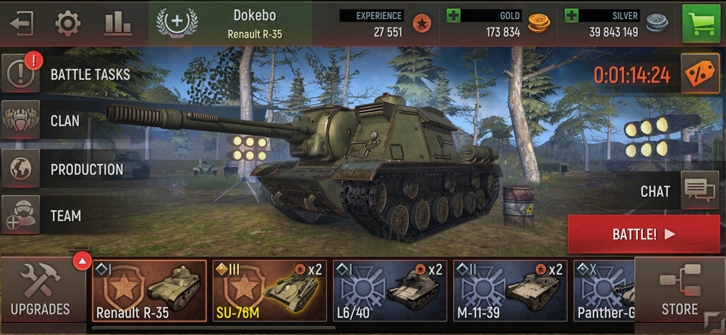 Battle Tanks: Tank War Games - Interfaz del garaje del juego Battle Tanks mostrando un vehículo militar y opciones de menú