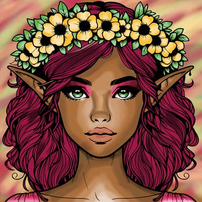 realistic female elf with flower crown