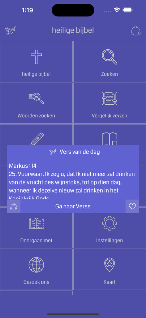 Bijbel offline - Pantalla de inicio de la aplicación Biblia sin conexión que muestra el Versículo del Día en español
