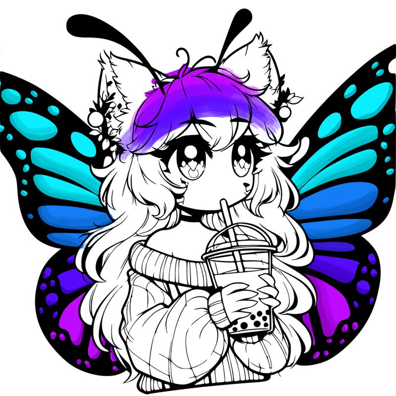 a realistic butterfly/furry girl drinking boba