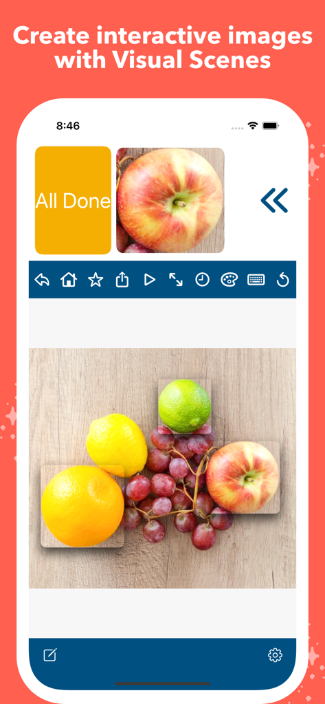 Interfaz de la aplicación Mighty AAC que muestra la función de Escenas Visuales con imágenes interactivas de frutas reales para la comunicación