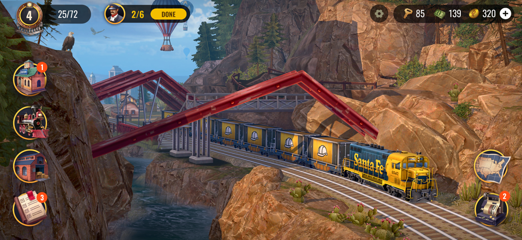 Railroad Empire: Train Game - Une locomotive Santa Fe tirant des wagons de marchandises à travers un canyon désertique rocheux dans Railroad Empire