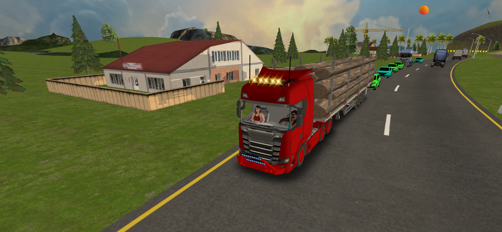 Euro Cargo Truck Driver Games - Un camión semirremolque rojo transportando una carga pesada de troncos en una autopista con tráfico en un entorno rural europeo