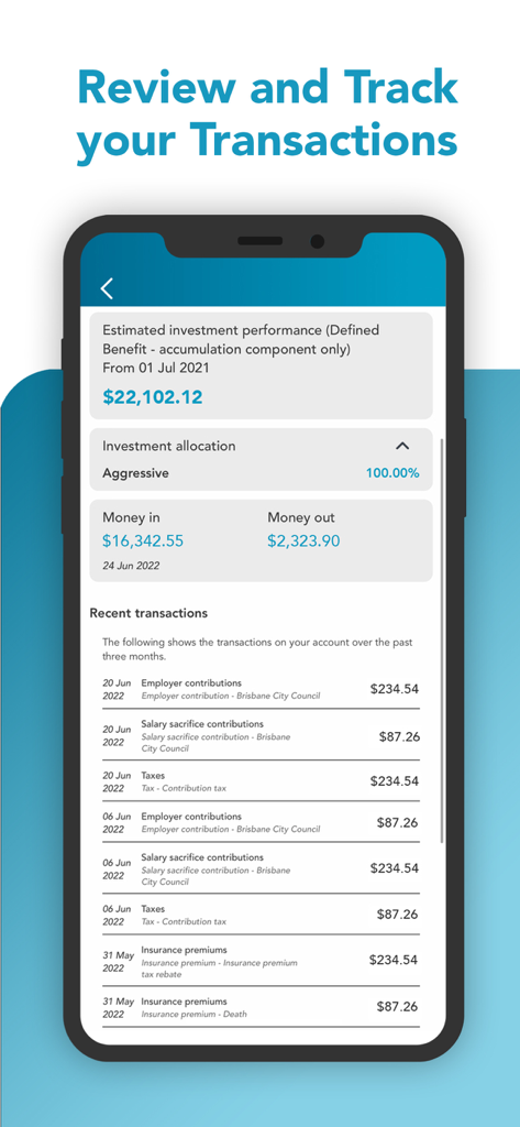 Brighter Super - A screenshot of the Brighter Super app interface displaying a transaction history and investment performance summary.