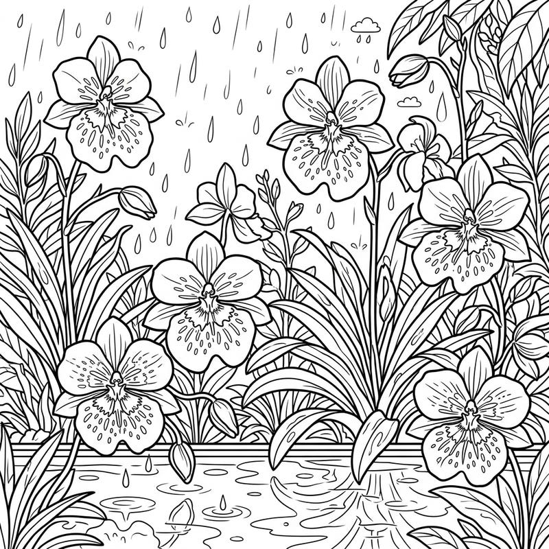 Unwind with this beautiful coloring page featuring elegant Miltonia Orchids flourishing during a gentle rainy day. Discover the calming beauty of 'Pansy Orchids' as raindrops dance around them and reflect on wet surfaces.