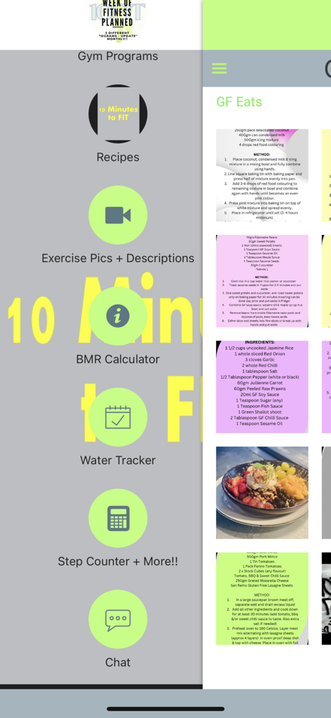 HOME WORKOUTS - 10FIT - Interfaz de la aplicación 10FIT mostrando el menú de navegación con herramientas de fitness y una lista de recetas sin gluten