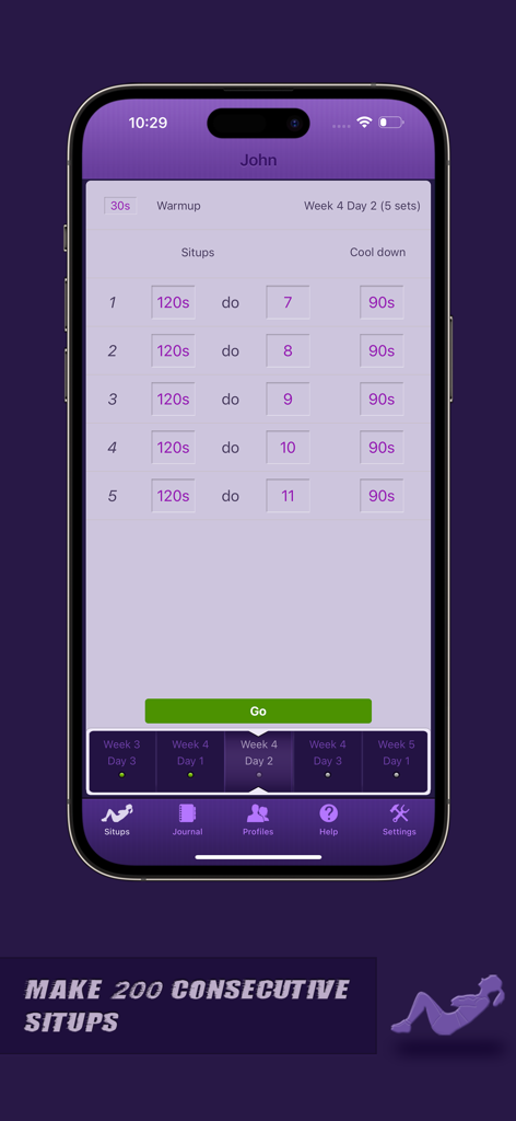 Situps Coach - Situps Coachアプリのインターフェース。複数のセットとレップが表示された日次トレーニングプランを表示。
