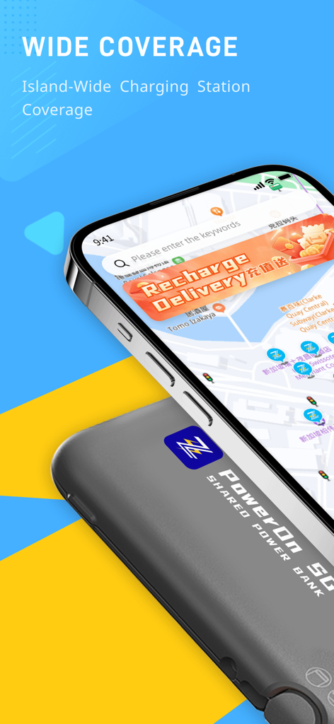 PowerOn SG - Smartphone displaying PowerOn SG app map with charging station locations next to a shared power bank