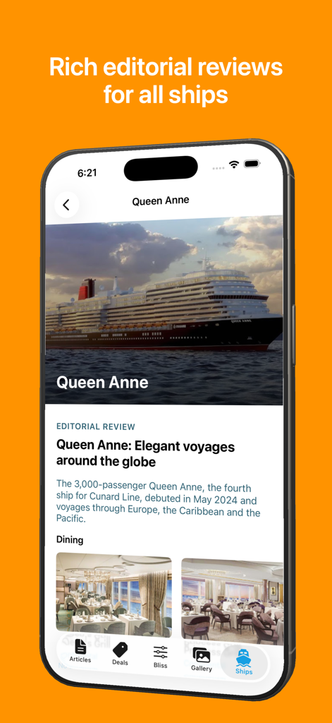 Cruiseable: Cruise Ship Finder - クルーズブルアプリのインターフェイスに、クイーン・アン号クルーズ船のエディトリアルレビューと詳細、ダイニングの写真が表示されています。