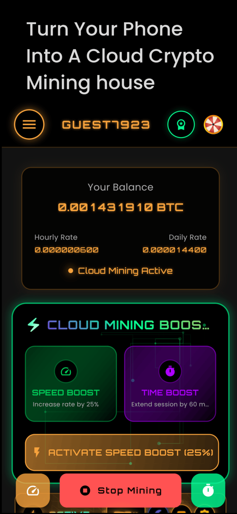 Bitcoin Mining · Crypto Mining - BTC 잔액 및 속도 부스트 기능이 있는 비트코인 클라우드 채굴 대시보드를 보여주는 모바일 화면