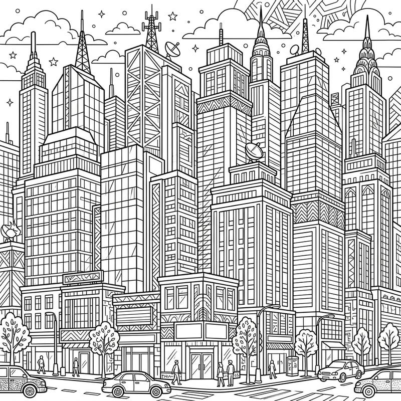 Dive into the dynamic world of urban architecture with this intricate commercial skyscrapers coloring page. Featuring towering buildings, bustling streets, and detailed city life, it offers an engaging creative escape for all ages.