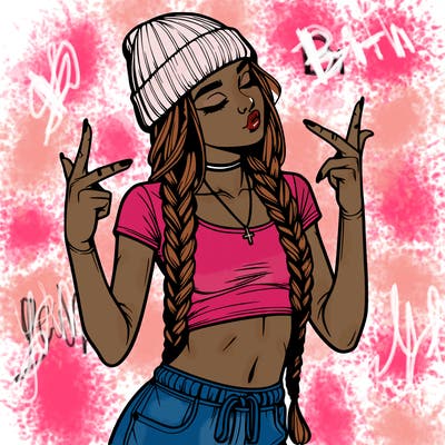 realistic teenage girl with braids and a beanie and crop top doing 🫶🏼