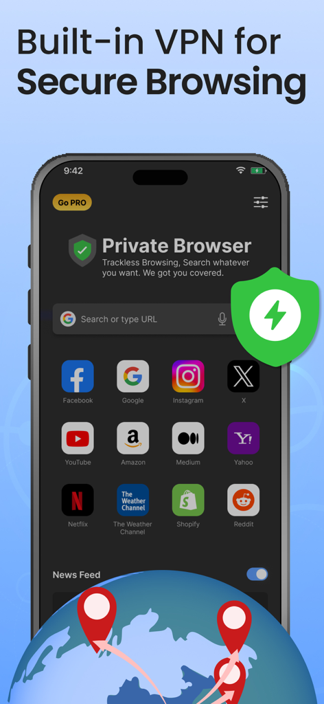 Private Browser,Incognito VPN - Private Browser-App-Oberfläche, die das integrierte VPN für sicheres Surfen hervorhebt