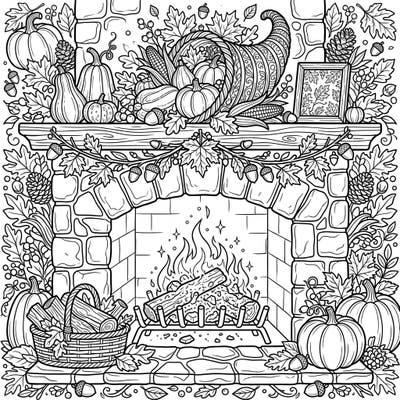 Embrace the warmth of the season with this intricate Thanksgiving fireplace coloring page, featuring glowing embers and abundant harvest decorations. It's the perfect artistic escape to celebrate gratitude and autumn's beauty.
