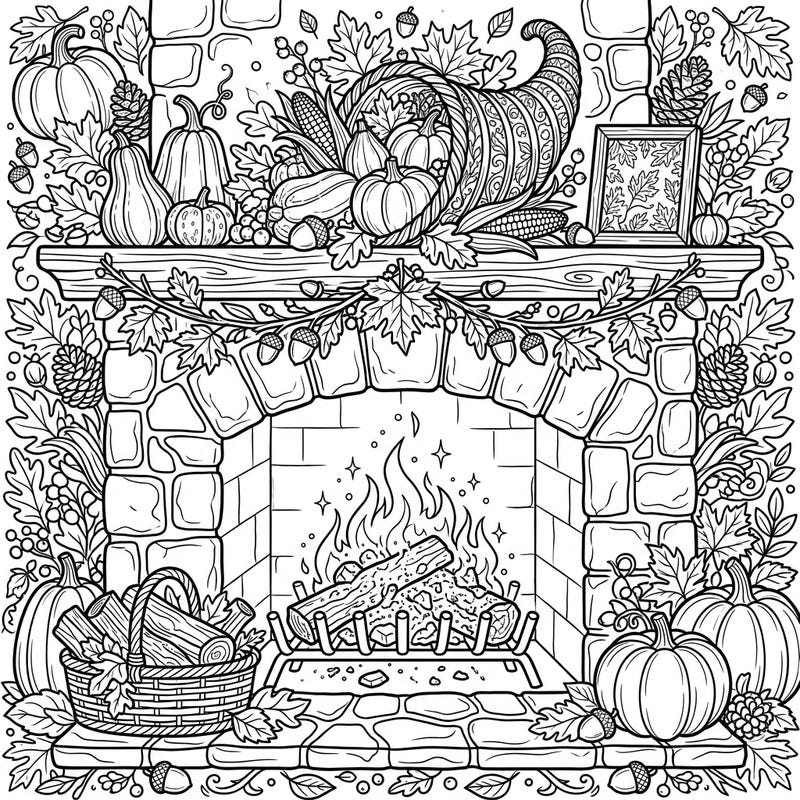 Embrace the warmth of the season with this intricate Thanksgiving fireplace coloring page, featuring glowing embers and abundant harvest decorations. It's the perfect artistic escape to celebrate gratitude and autumn's beauty.