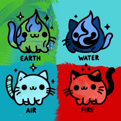 4 cats that represent the different elements, earth, water, air, and fire