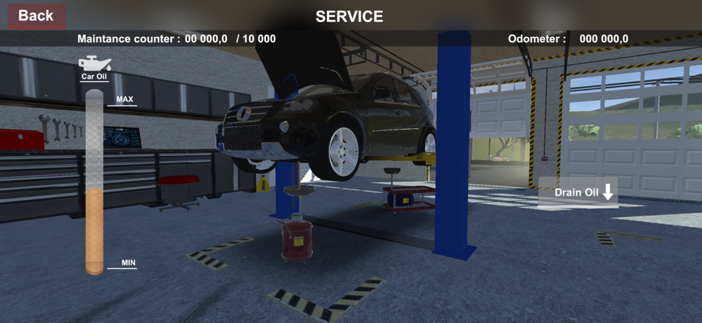 European Luxury Cars - A luxury SUV on a hydraulic lift inside a garage during an oil change maintenance simulation.