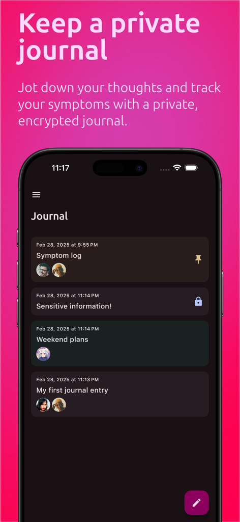 Octocon app interface showing a private encrypted journal with various system entries for DID and OSDD management