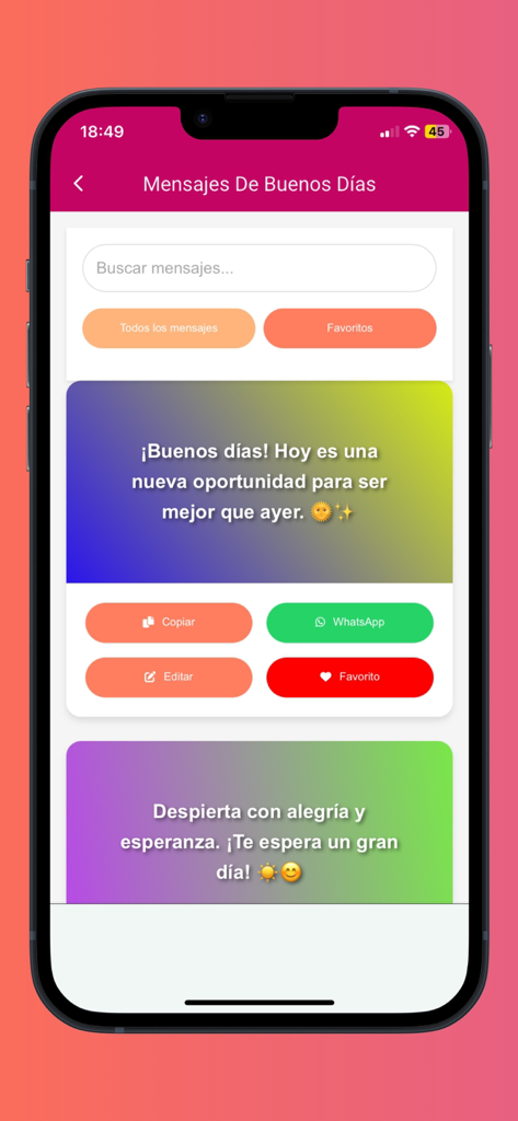 buenos días y buenas noches. - Interfaz de app móvil que muestra mensajes inspiradores de buenos días en español con opciones para compartir en WhatsApp o editar.