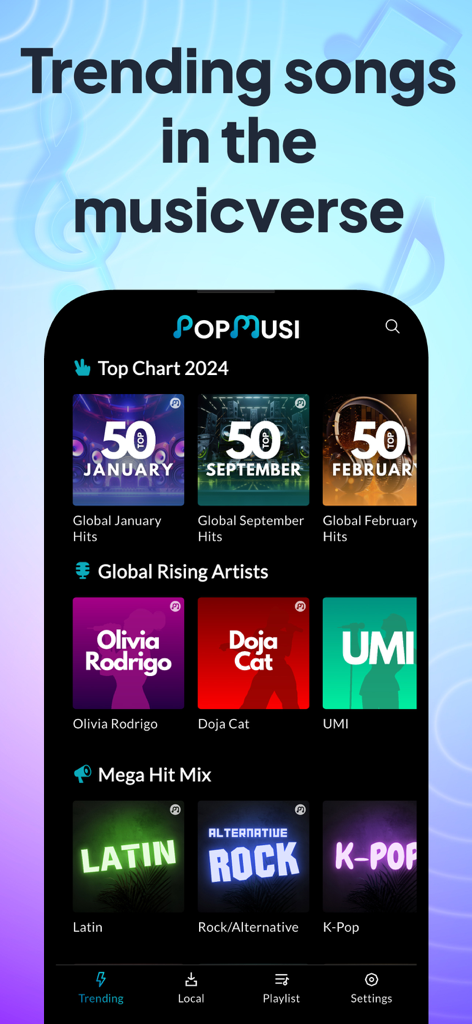 POPMusic: MP3 Player, Offline - POPMusic App-Oberfläche, die Top-Charts und aufstrebende globale Künstler zur Musikentdeckung anzeigt.
