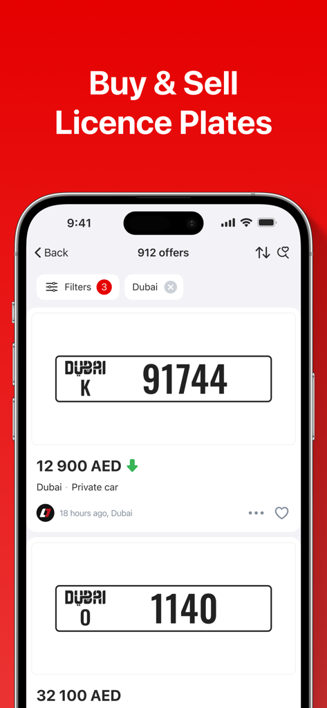 AUTO.AE: Buy & Sell Cars - Interface of the AUTO.AE app showing a list of Dubai license plates for sale with prices and filters.