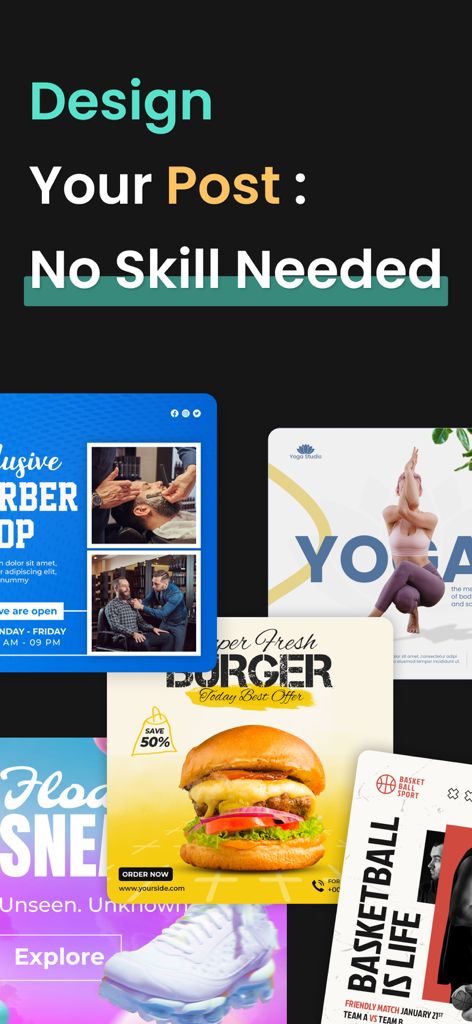 Social Media Post & Ad Maker - Una variedad de plantillas de publicaciones profesionales para redes sociales de comida, fitness y servicios empresariales con el texto 'Diseña tu publicación sin necesidad de habilidades'.